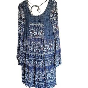 Allison Brittney Elephant Print Tunic Mini Dress L | Bell Sleeve Casual BOHO Top